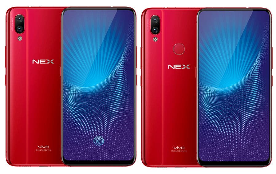 Picture of vivo NEX S and NEX A smartphones in red color. They are bezel-less and have vertical aligned dual rear cameras.